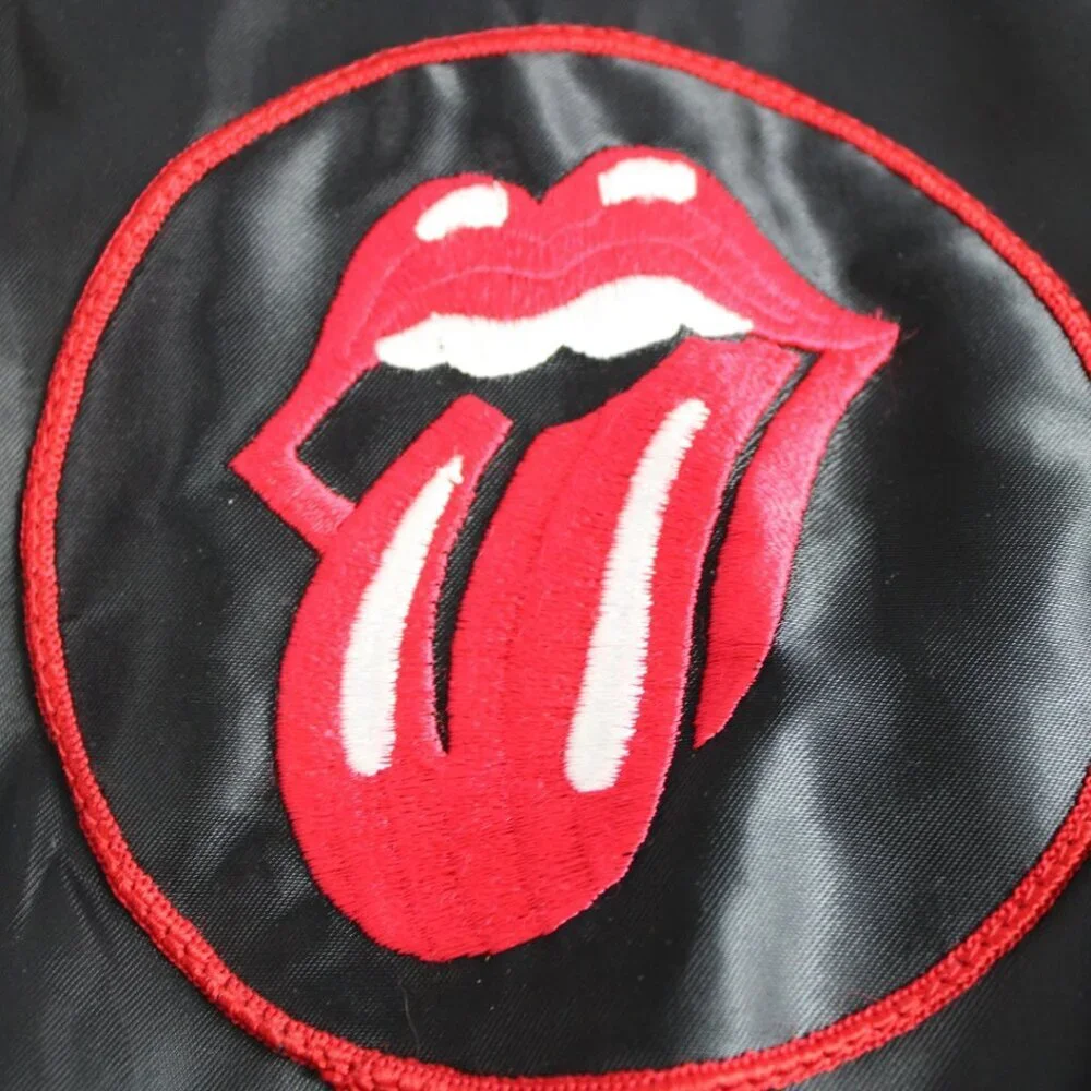 Vintage 80’s Roadie Rolling Stones Bomber Jacket Black Satin Tongue Logo Rocker